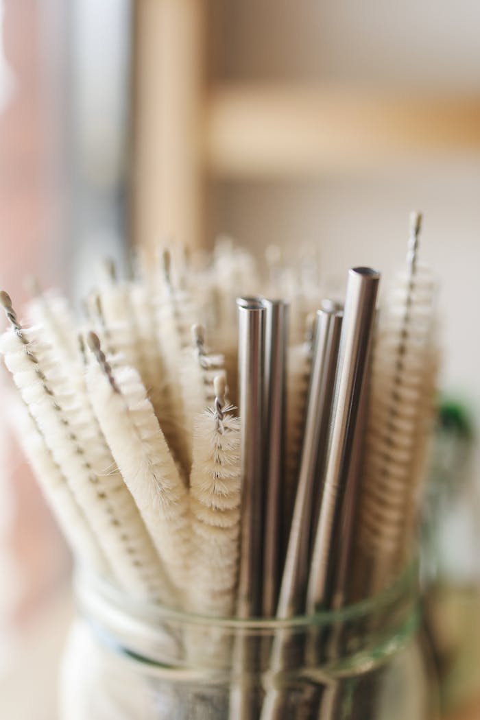 services-02 Metal straws and cleaning brushes in a jar promoting eco-friendly lifestyle.