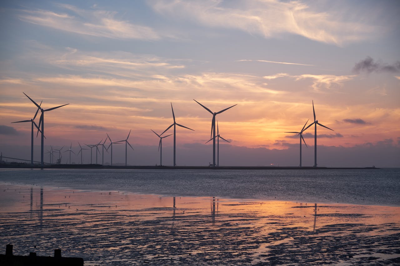 services-05 Wind turbines on the shoreline silhouette against a vibrant sunset, promoting renewable energy.